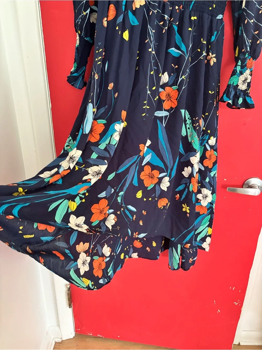 Nanette Lepore Navy Floral Maxi Dress with Teal & Orange Accents